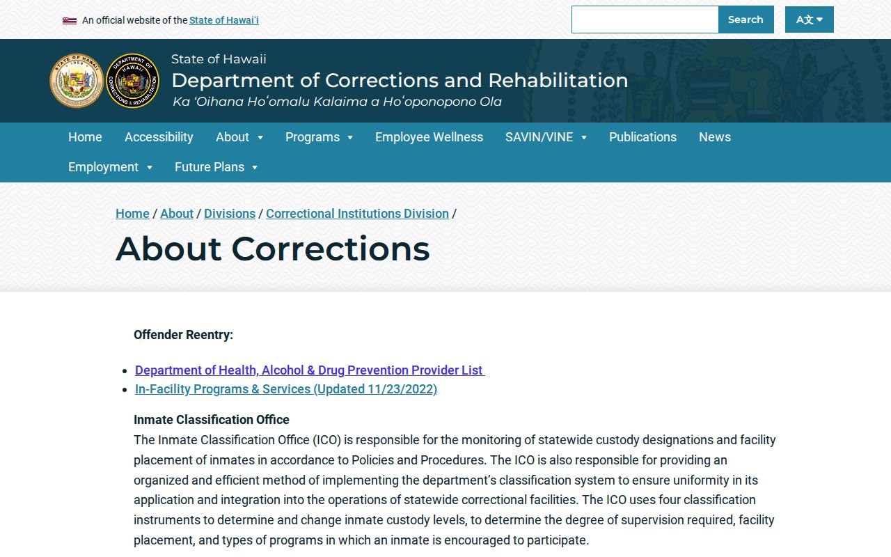 Hawaii DCR corrections and Offender Management information