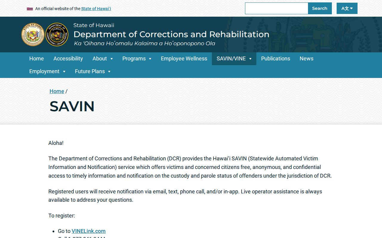 Official Hawaii SAVIN information page for Kalawao County release checks