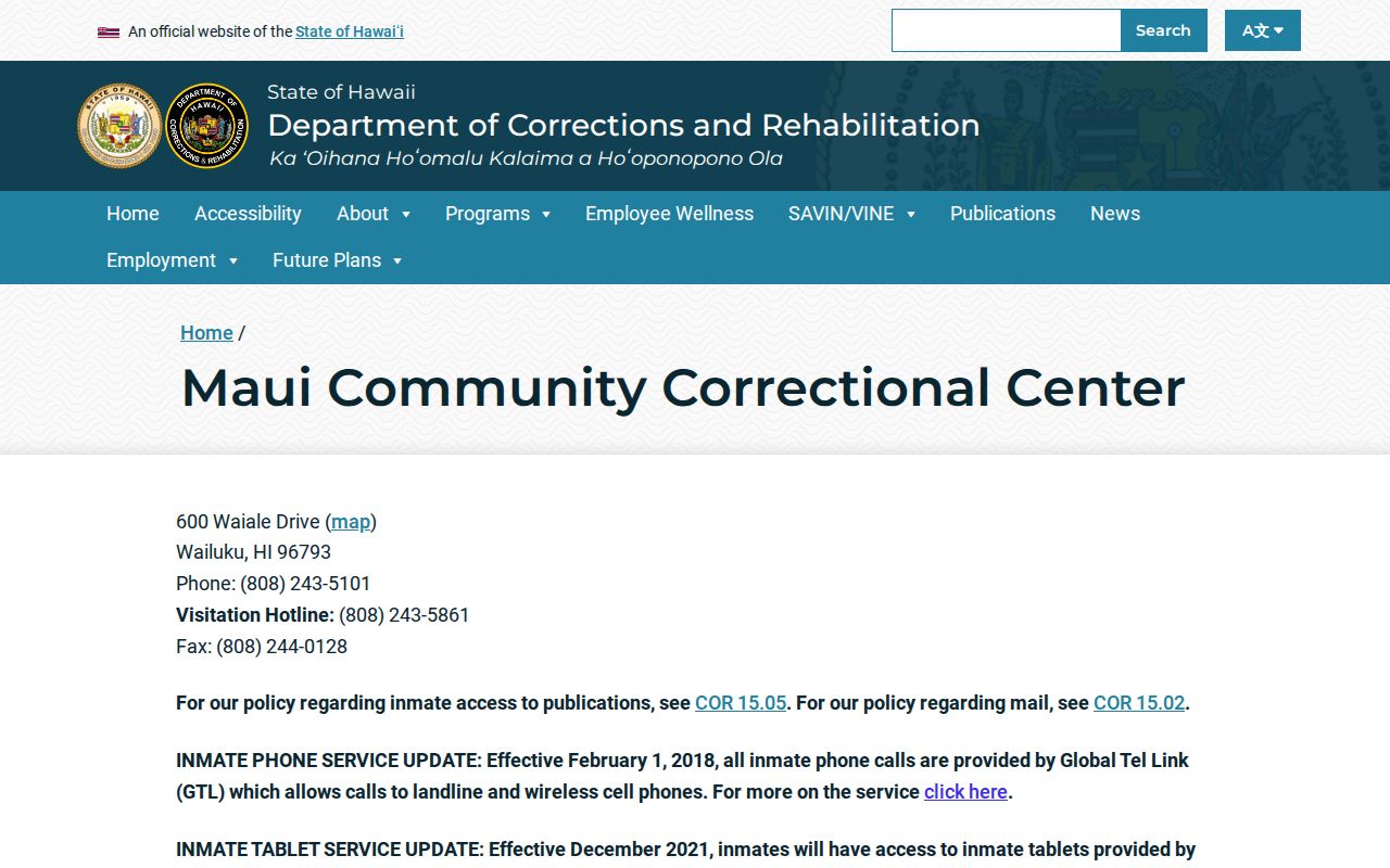 Maui Community Correctional Center official page used to confirm a Kalawao custody route